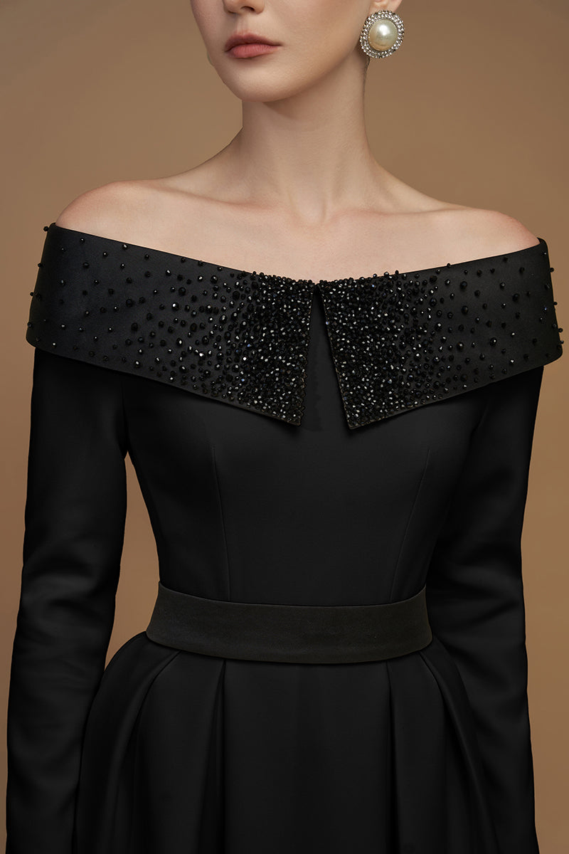 off-shoulder embellished gown with long sleeves – VESPERA