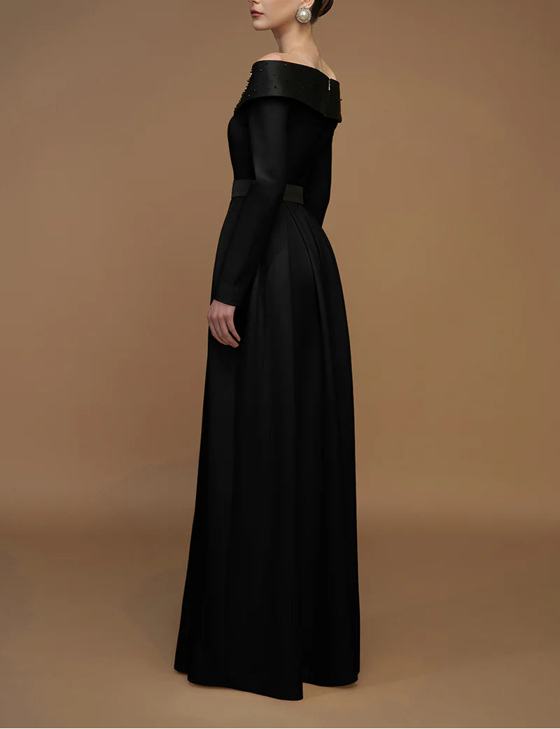 off-shoulder embellished gown with long sleeves – VESPERA
