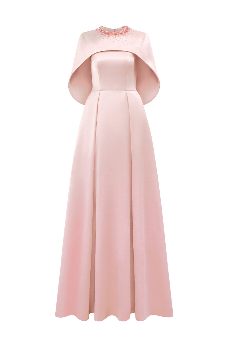 embellished cape gown in blush satin – AURELIA