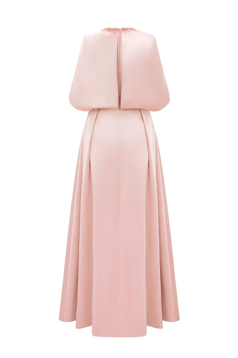 embellished cape gown in blush satin – AURELIA