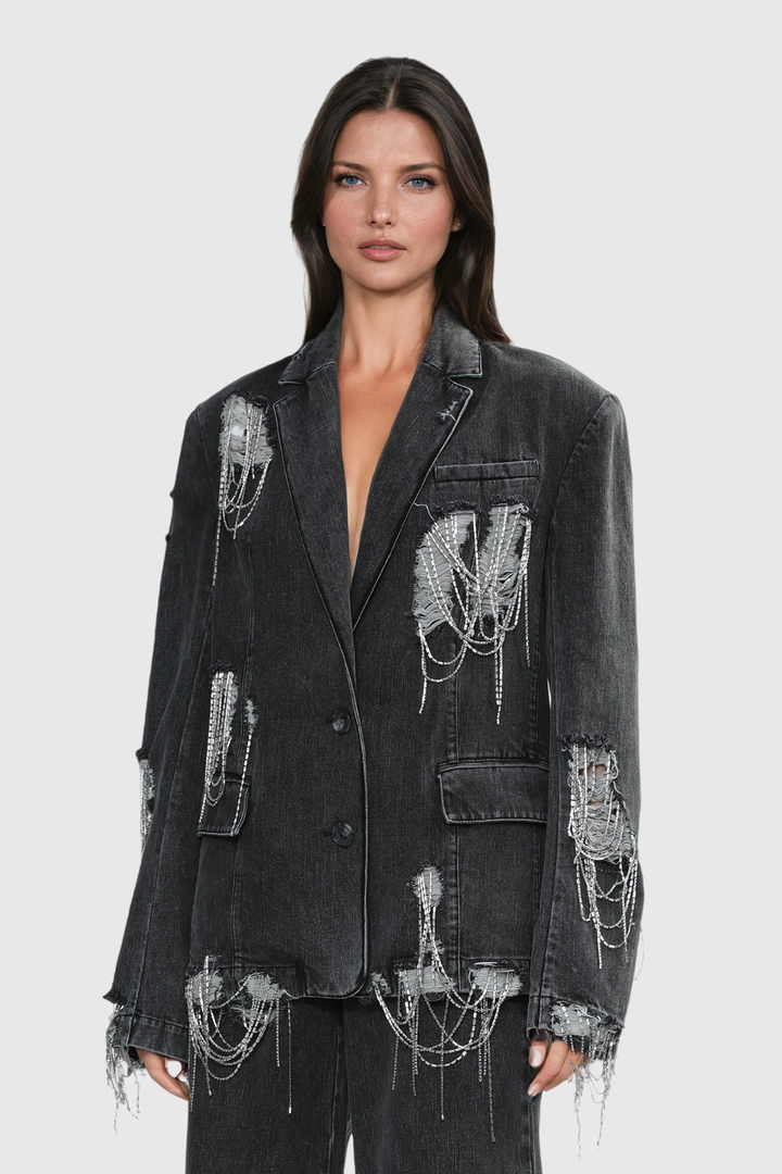 Afton Rhinestone Chain Torn Denim Jacket