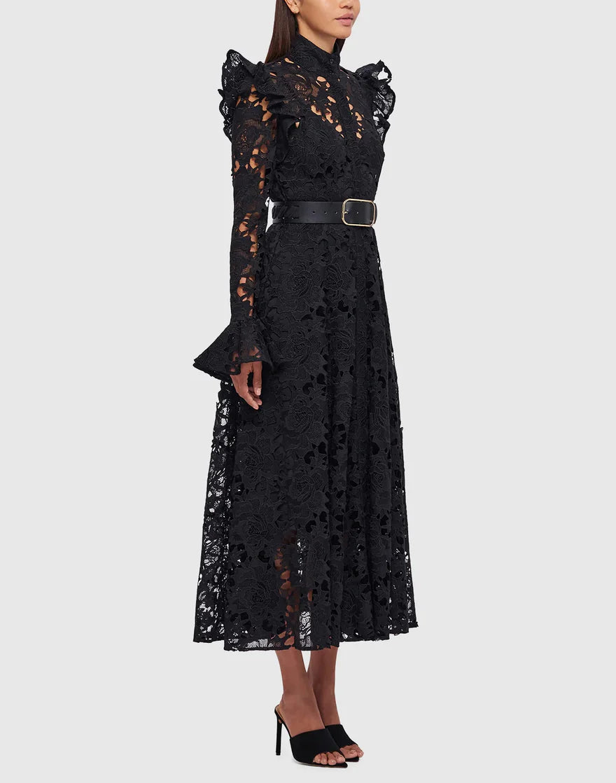 long-sleeve lace midi dress with ruffled shoulders – IVORIE