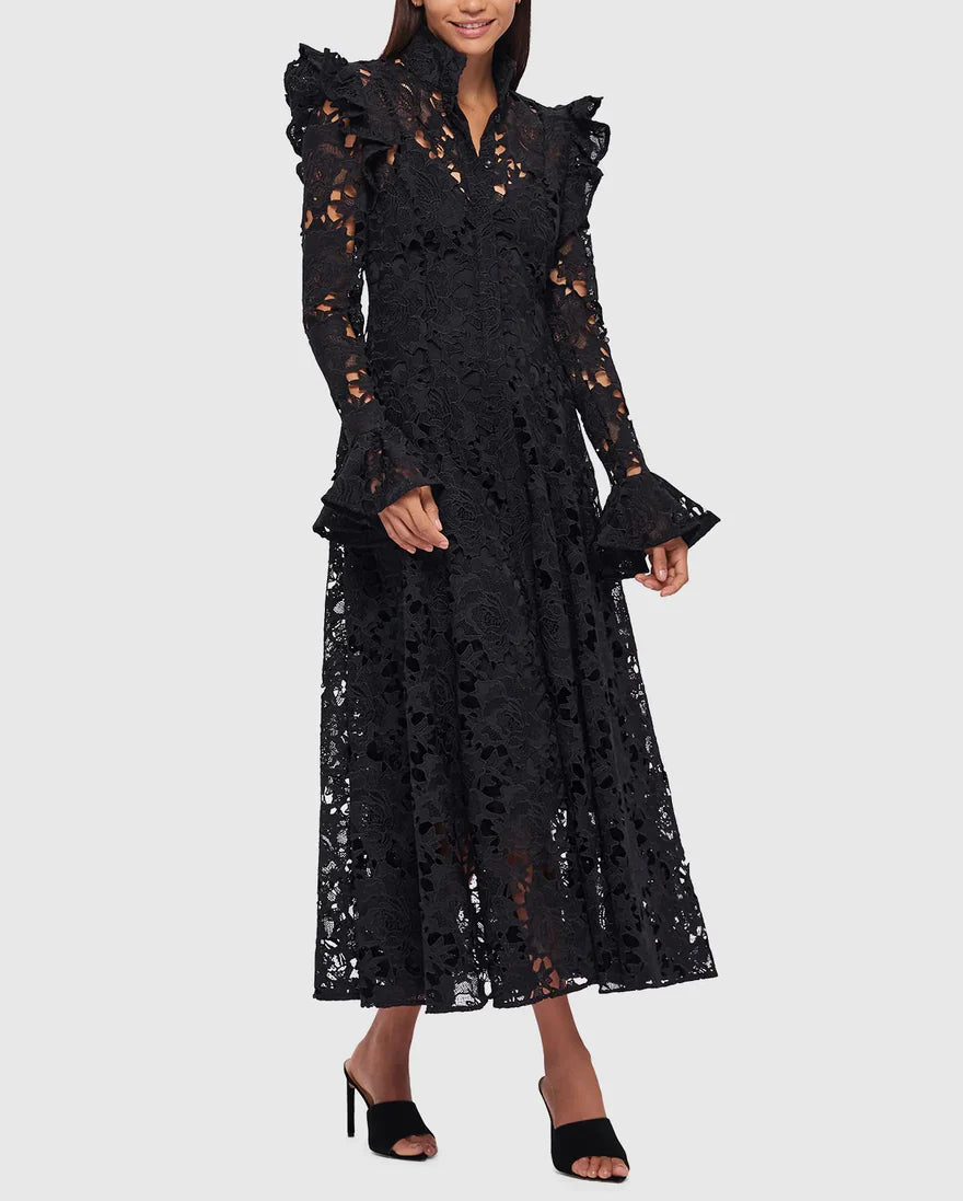 long-sleeve lace midi dress with ruffled shoulders – IVORIE