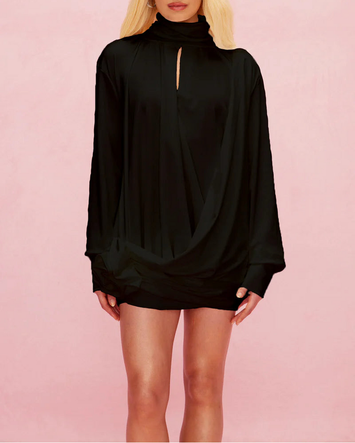 فستان قصير منسدل برقبة عالية وتفاصيل زهور – أورالجي