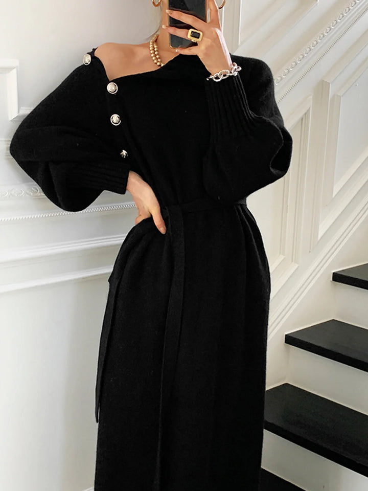 ribbed turtleneck knit dress with side buttons – ALORA