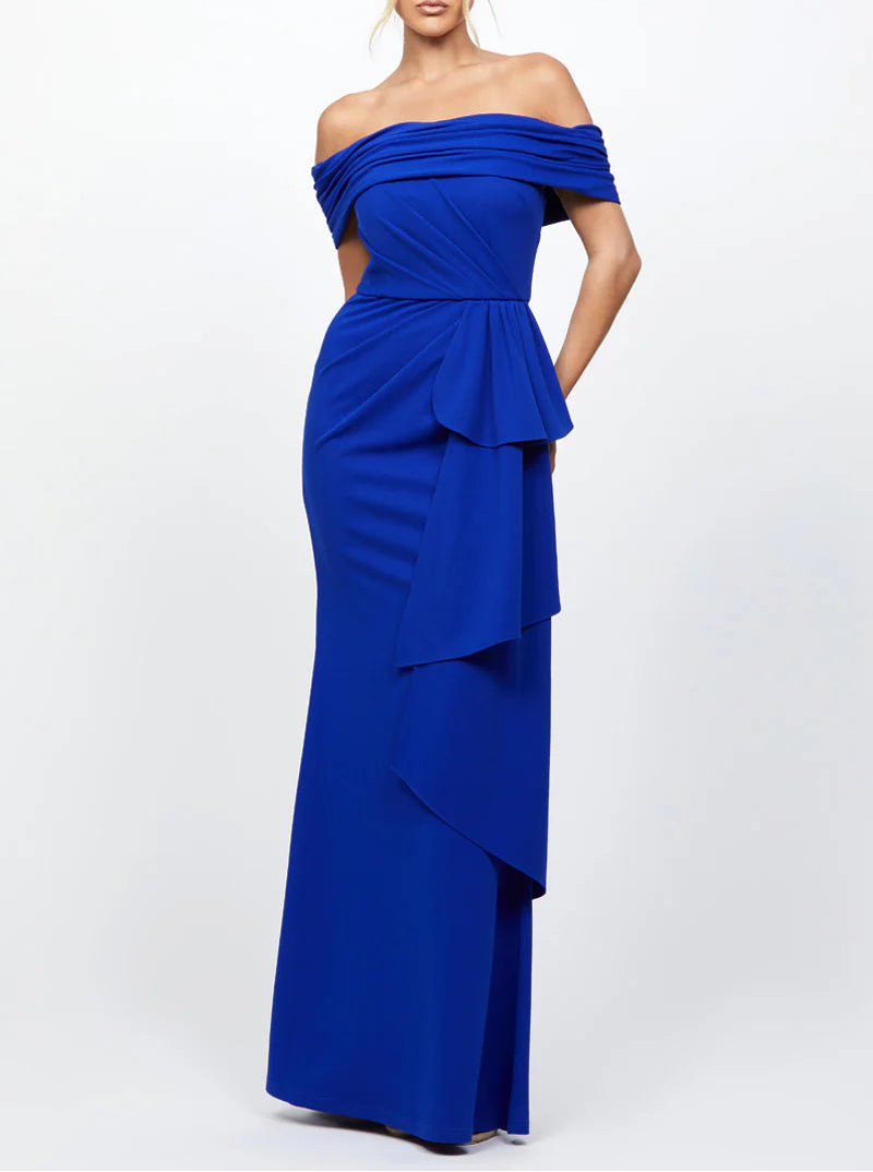off-shoulder draped gown with cascading ruffle – ARIA