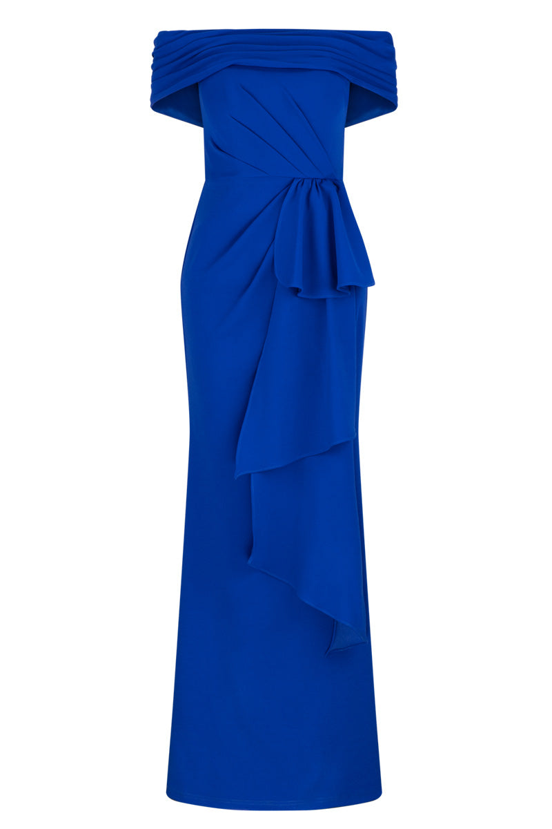 off-shoulder draped gown with cascading ruffle – ARIA