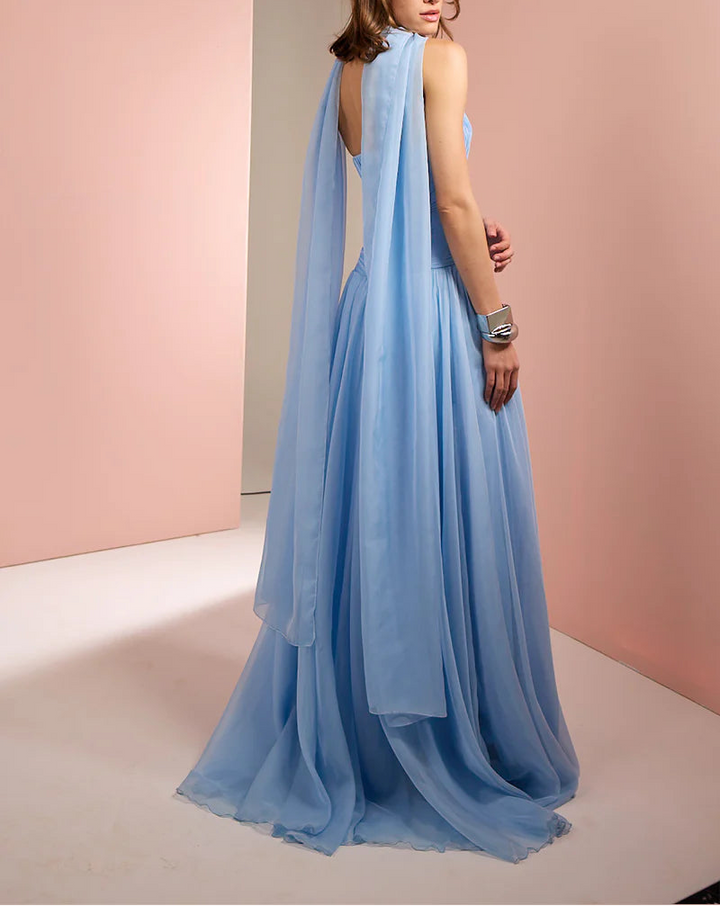 strapless pleated chiffon gown with scarf detail – SKYE