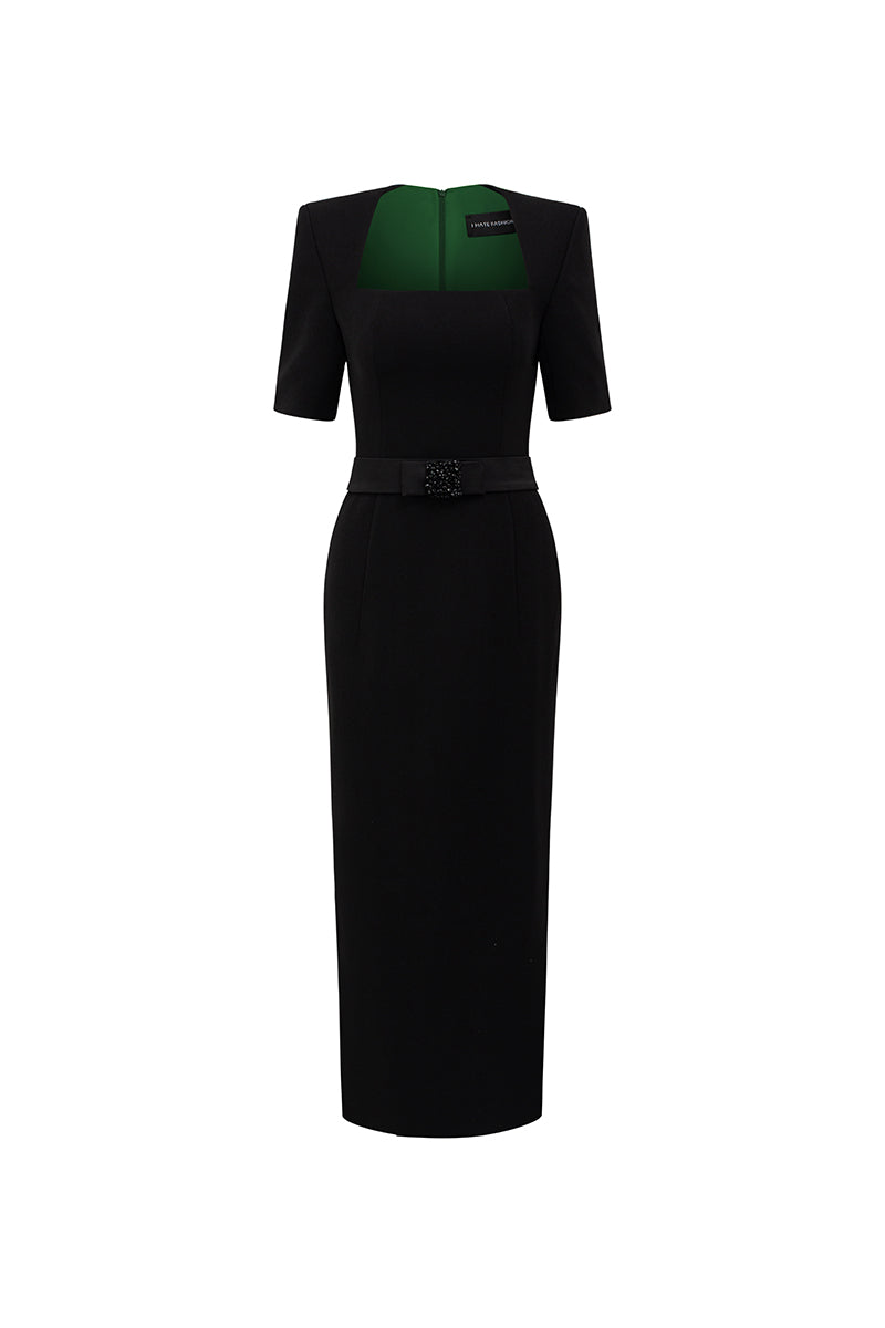 فستان متوسط ​​الطول برقبة مربعة وأكمام شفافة – نوار