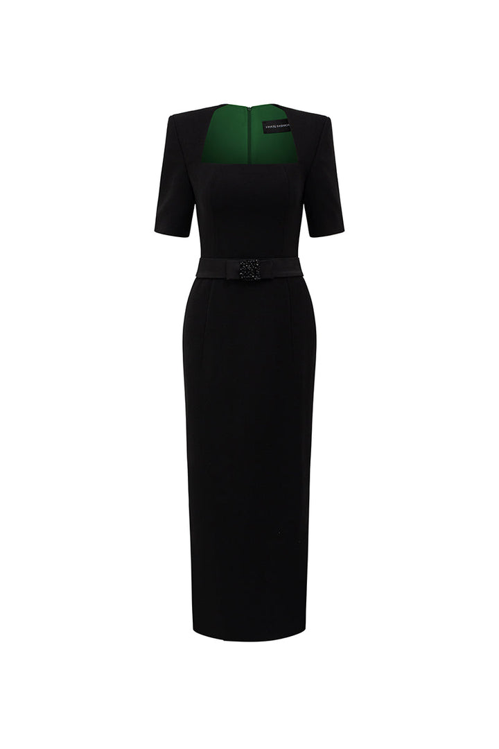 فستان متوسط ​​الطول برقبة مربعة وأكمام شفافة – نوار