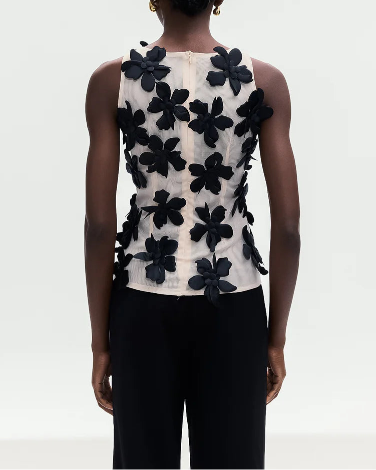 sleeveless mesh top with 3D floral appliqués – AMORAPI