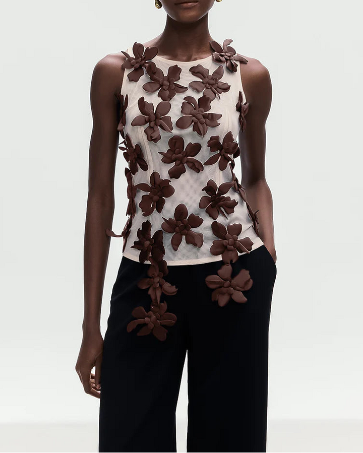 sleeveless mesh top with 3D floral appliqués – AMORAPI