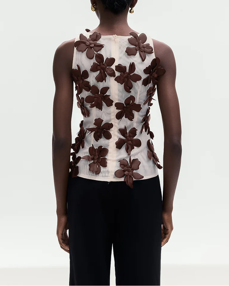 sleeveless mesh top with 3D floral appliqués – AMORAPI