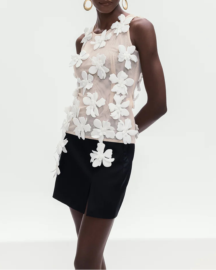 sleeveless mesh top with 3D floral appliqués – AMORAPI
