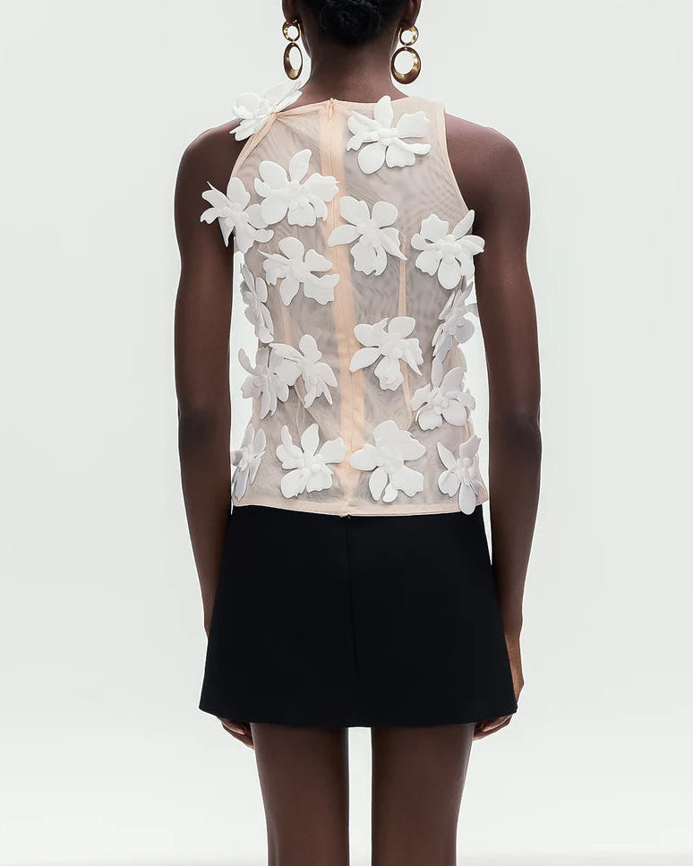 sleeveless mesh top with 3D floral appliqués – AMORAPI