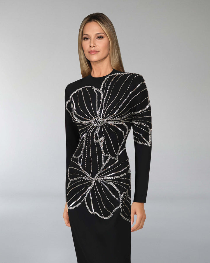 Long - sleeves column dress with sequined flowers - QAILEN