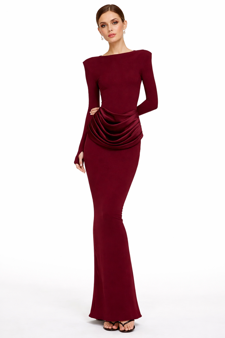 Long fitted dress with structured shoulders and draped waist detail – CHOCOLATE