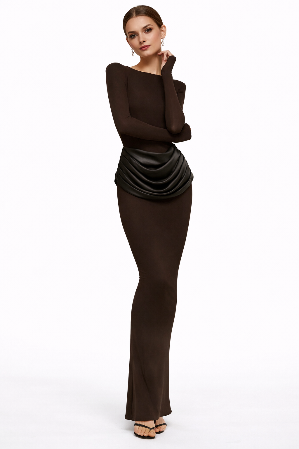 Long fitted dress with structured shoulders and draped waist detail – CHOCOLATE