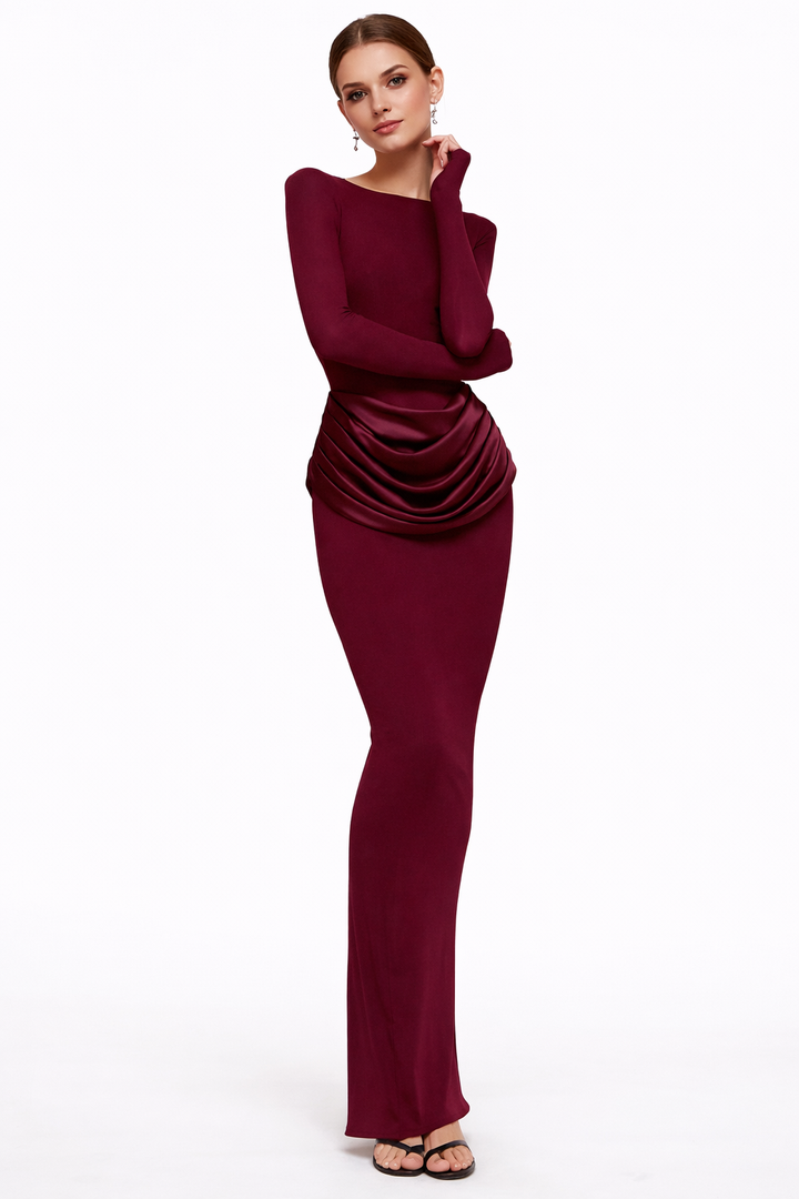 Long fitted dress with structured shoulders and draped waist detail – CHOCOLATE