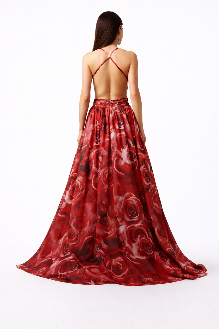 halter cut-out maxi dress with rose print and front slit – SCARLET