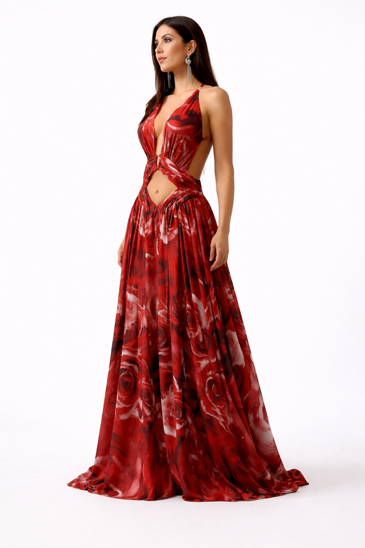 halter cut-out maxi dress with rose print and front slit – SCARLET