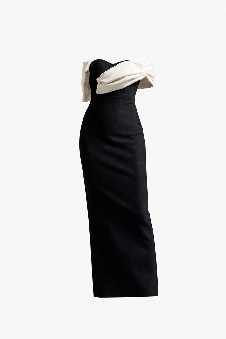 off-shoulder column dress with contrast draped neckline – IVORY