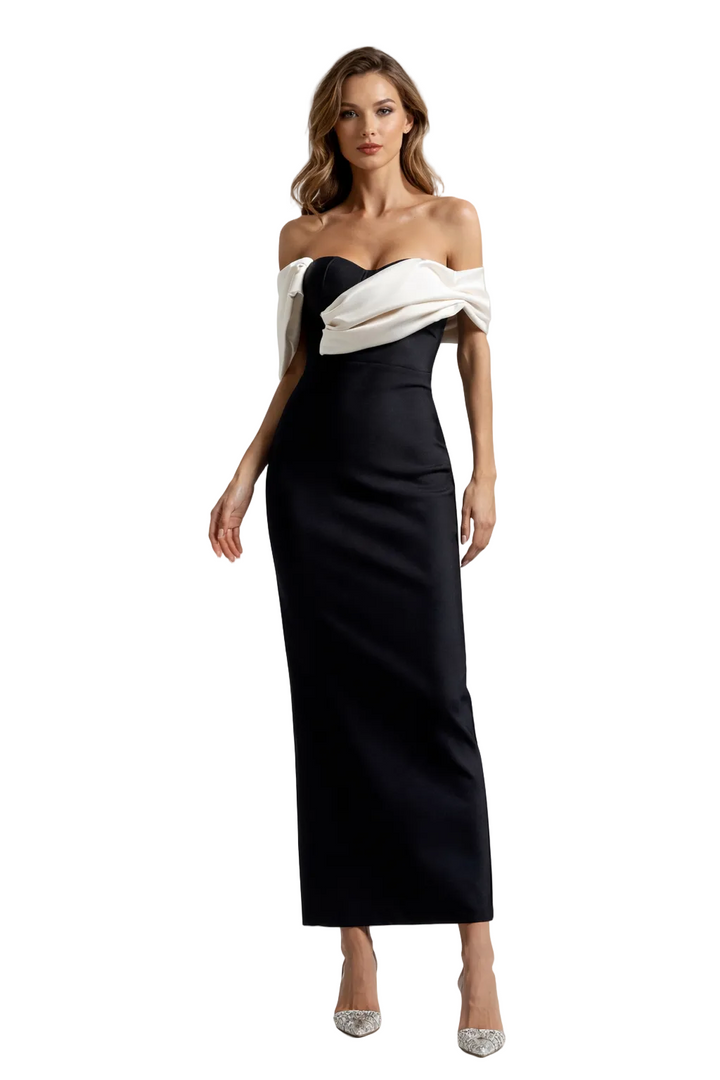 off-shoulder column dress with contrast draped neckline – IVORY