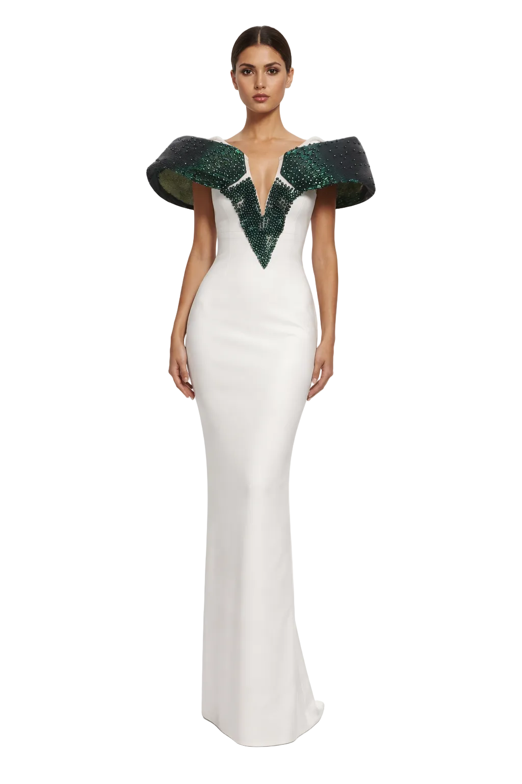 off-shoulder pearl-embellished column gown with deep V neckline – PEARL