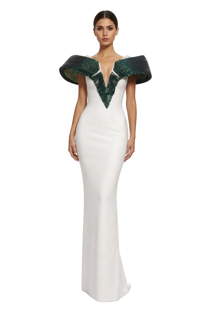 off-shoulder pearl-embellished column gown with deep V neckline – PEARL