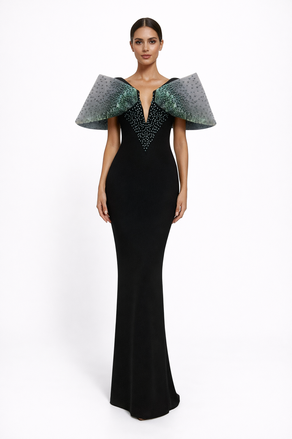 off-shoulder pearl-embellished column gown with deep V neckline – PEARL