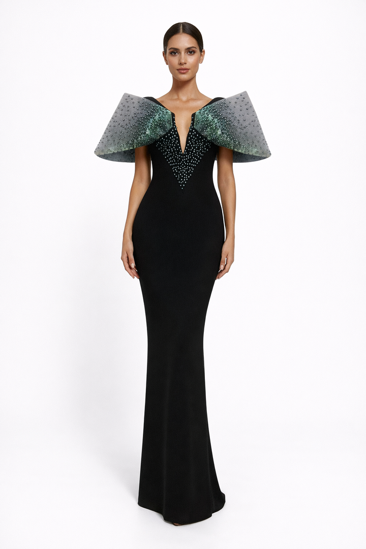 off-shoulder pearl-embellished column gown with deep V neckline – PEARL