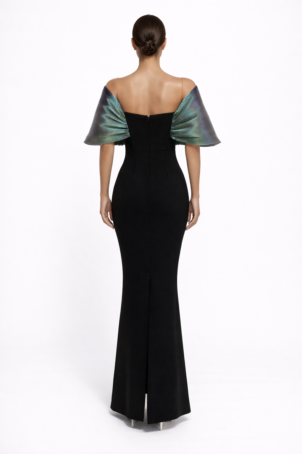 off-shoulder pearl-embellished column gown with deep V neckline – PEARL