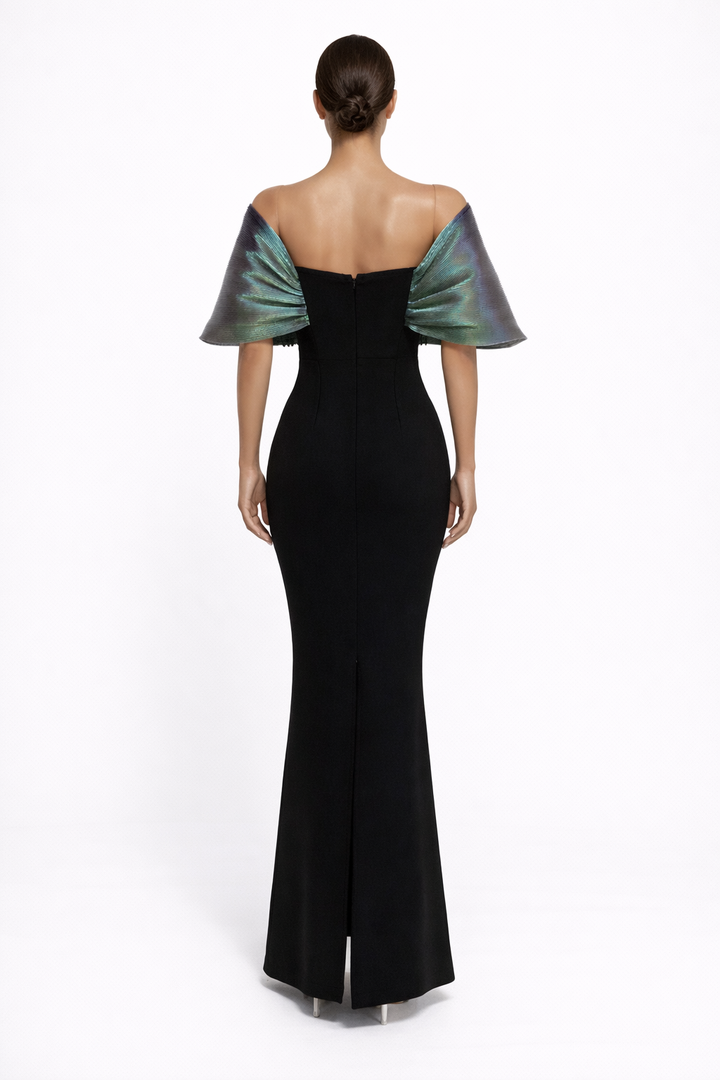 off-shoulder pearl-embellished column gown with deep V neckline – PEARL