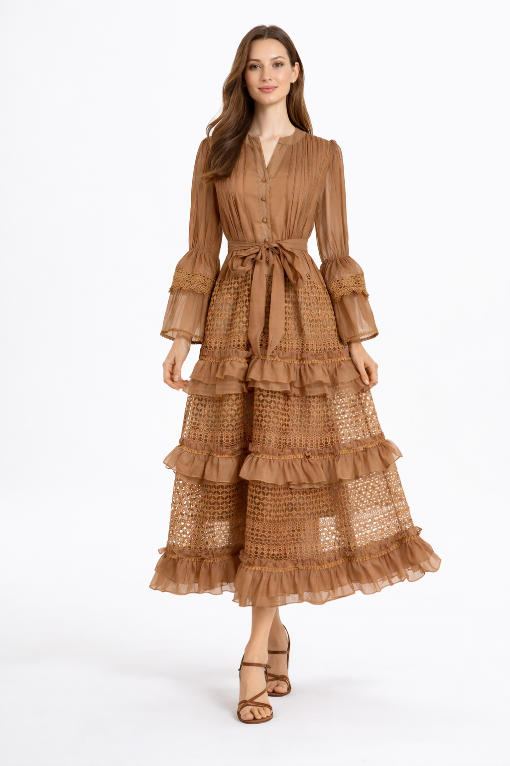 Long Sleeve Lace Maxi Dress with Tie Waist – AMBERA