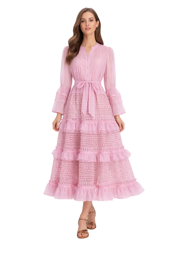 Long Sleeve Lace Maxi Dress with Tie Waist – AMBERA