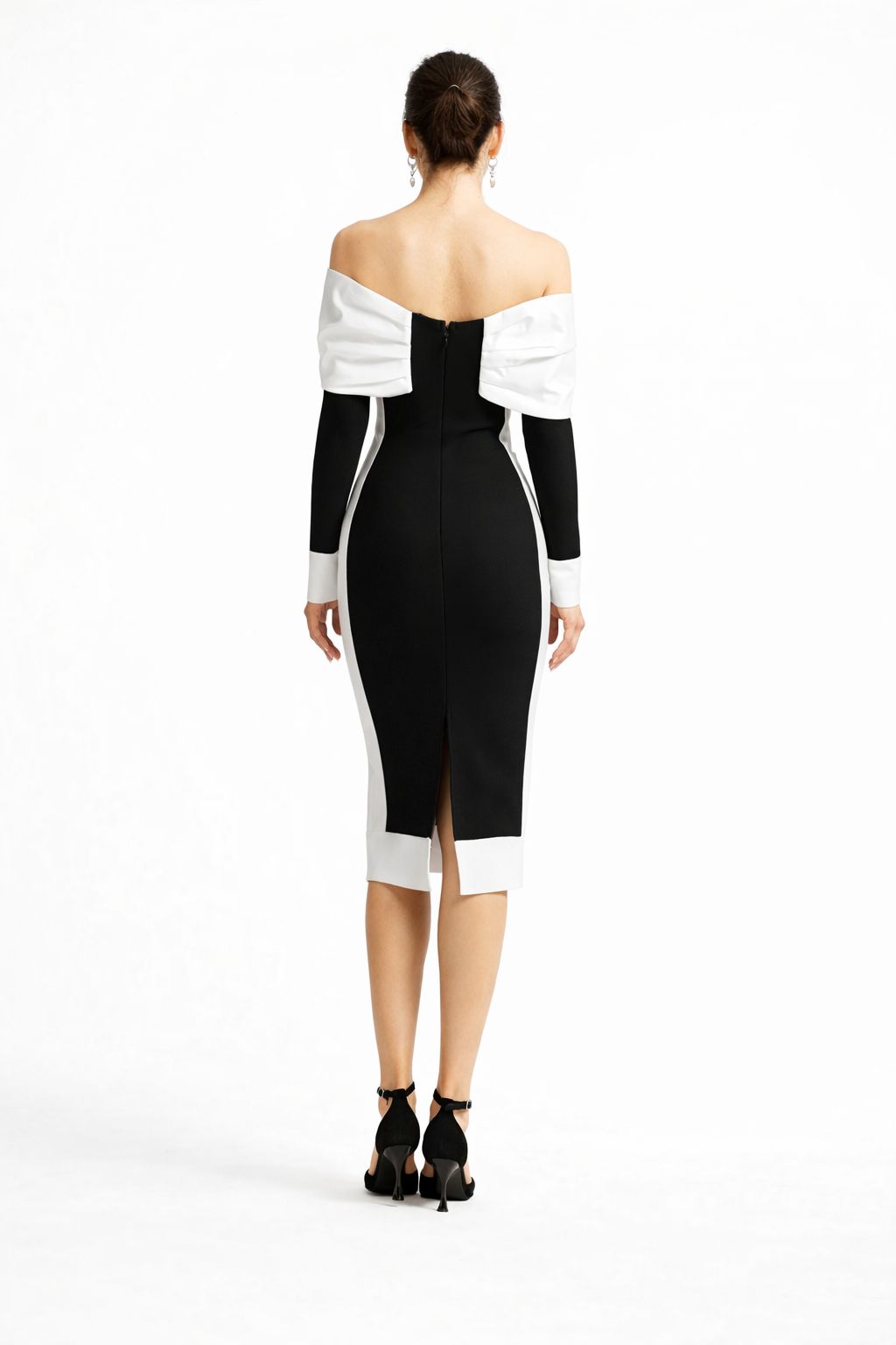 Off-Shoulder Bodycon Midi Dress with Contrast Trim – ELHENAWY
