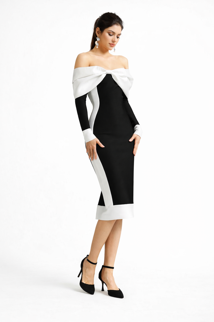 Off-Shoulder Bodycon Midi Dress with Contrast Trim – ELHENAWY