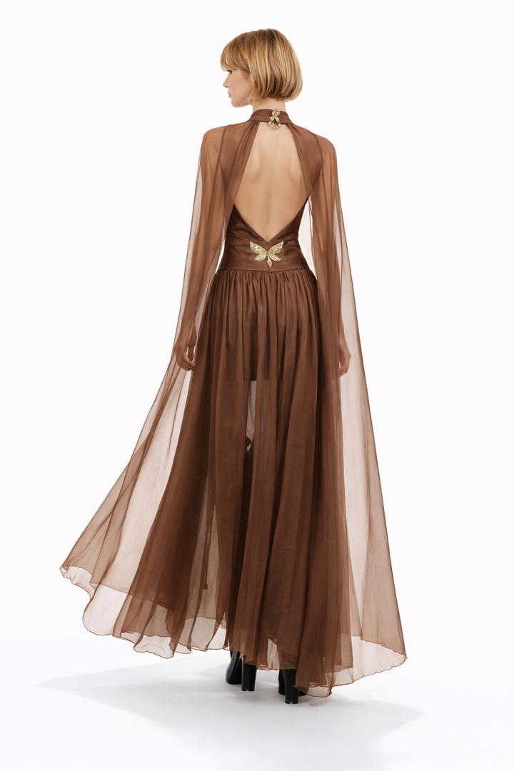 Halter Neck Chiffon Maxi Dress with Flowing Cape Sleeves – MOCHA