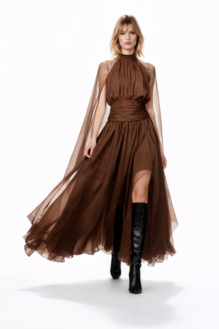 Halter Neck Chiffon Maxi Dress with Flowing Cape Sleeves – MOCHA