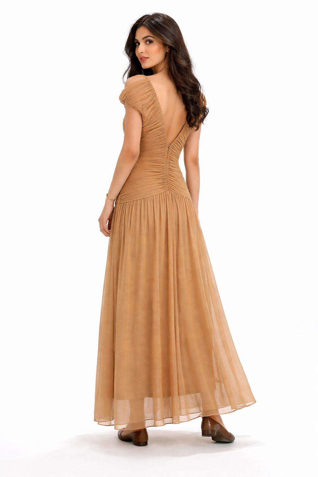 Ruched V-Neck Chiffon Maxi Dress with Drawstring Detail – HONEY