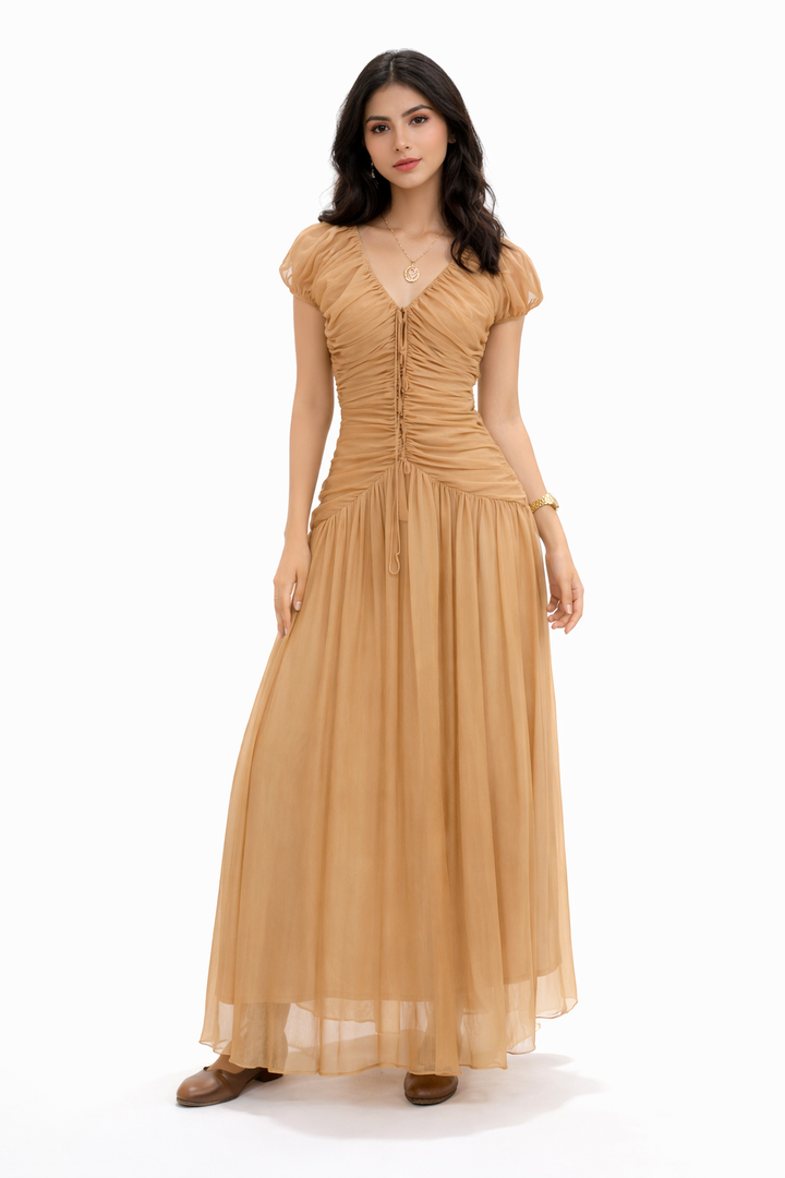 Ruched V-Neck Chiffon Maxi Dress with Drawstring Detail – HONEY