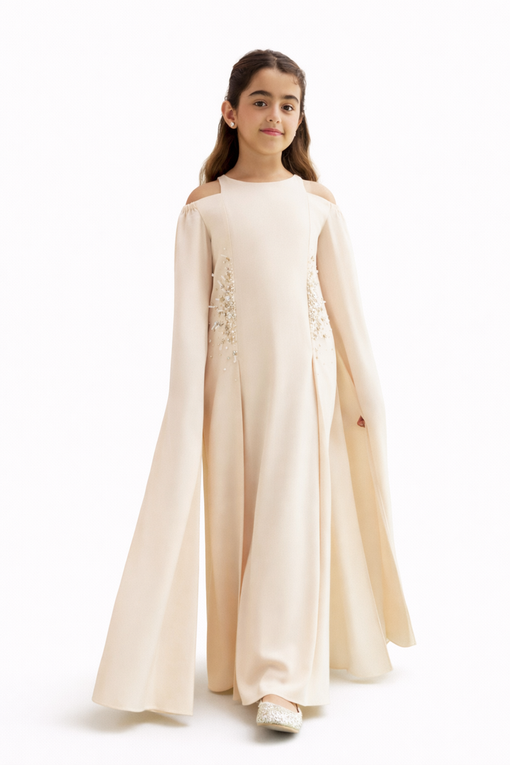 Cold-Shoulder Maxi Dress with Embellished Panels – IVORY