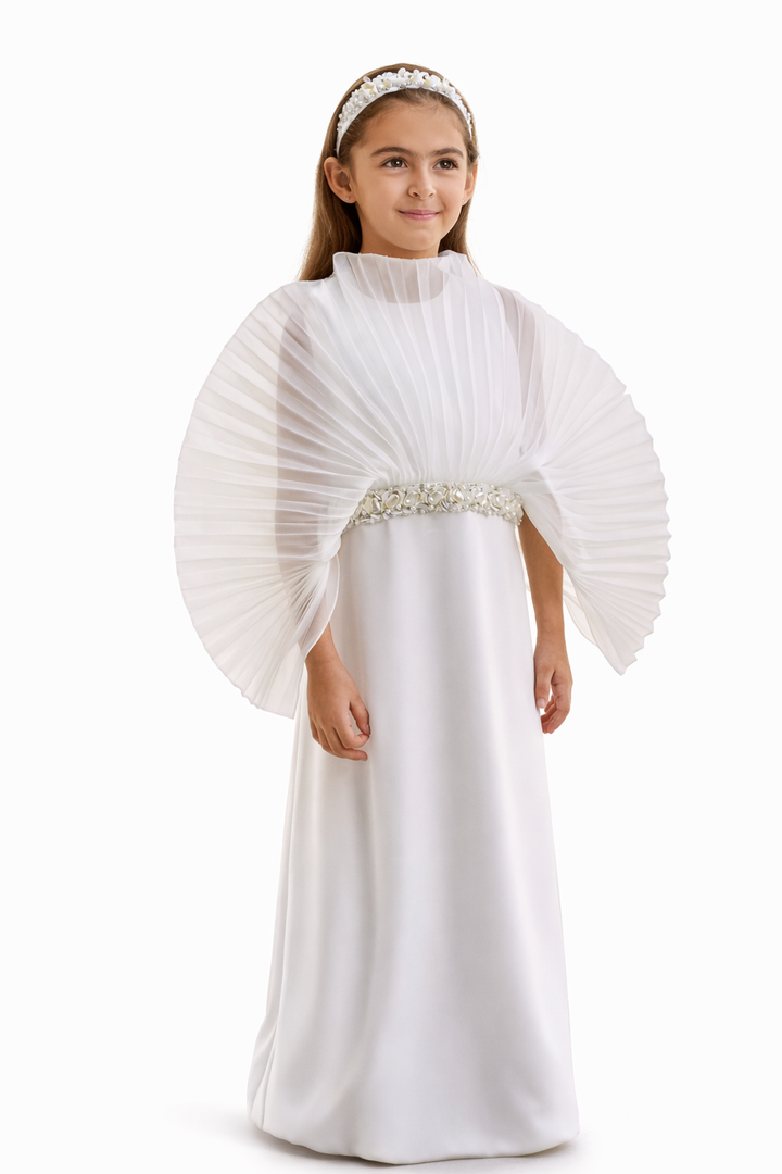 Pleated Cape Maxi Dress with Crystal Waistband – SERAPHINA