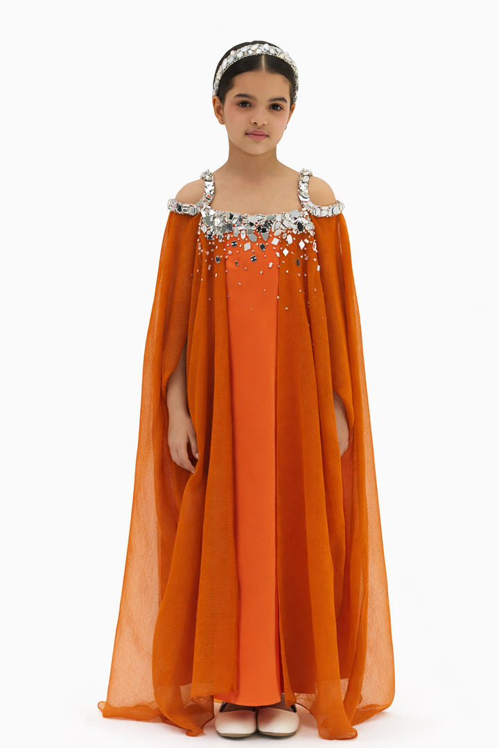 Embellished Cold-Shoulder Maxi Dress with Flowing Cape Sleeves – AMBERA