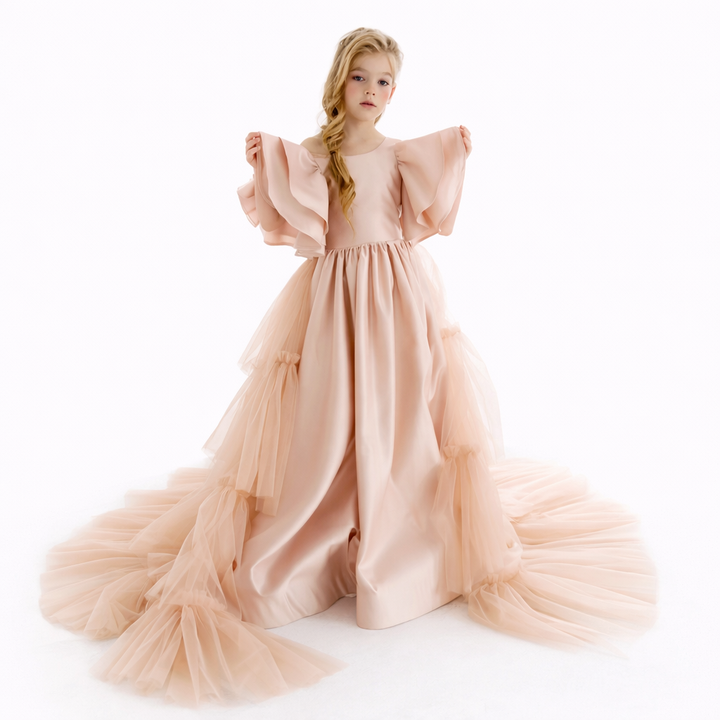Tiered Tulle Train Dress with Flutter Sleeves – AURÉLIA