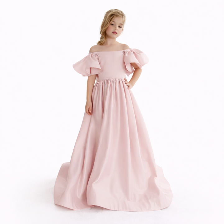 Off-Shoulder Satin Gown with Sculpted Petal Sleeves – ELYSÉE