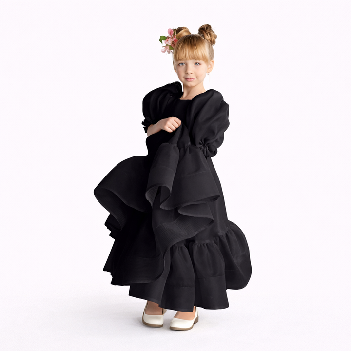 Long Black Tiered Organza Dress with Puff Sleeves – NOIR