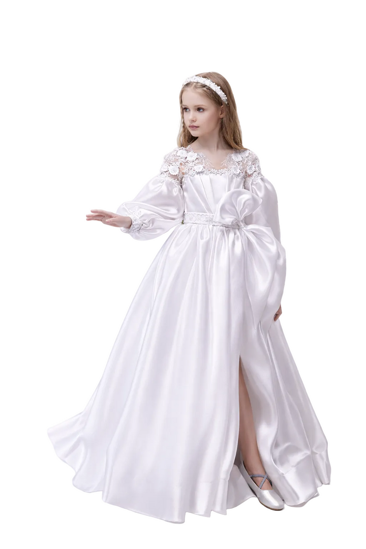 Lace-Bodice Satin Maxi Dress with Puff Sleeves – ÉLARA