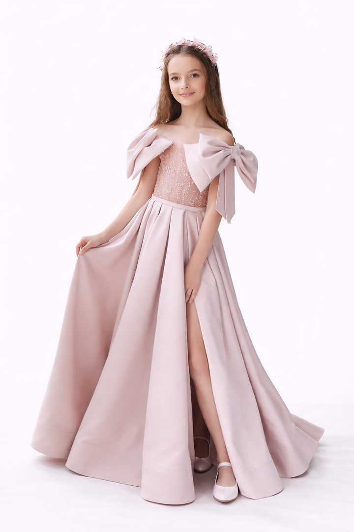 Bow-Shoulder Sequin Bodice Maxi Dress with Front Slit – MAHMOUD