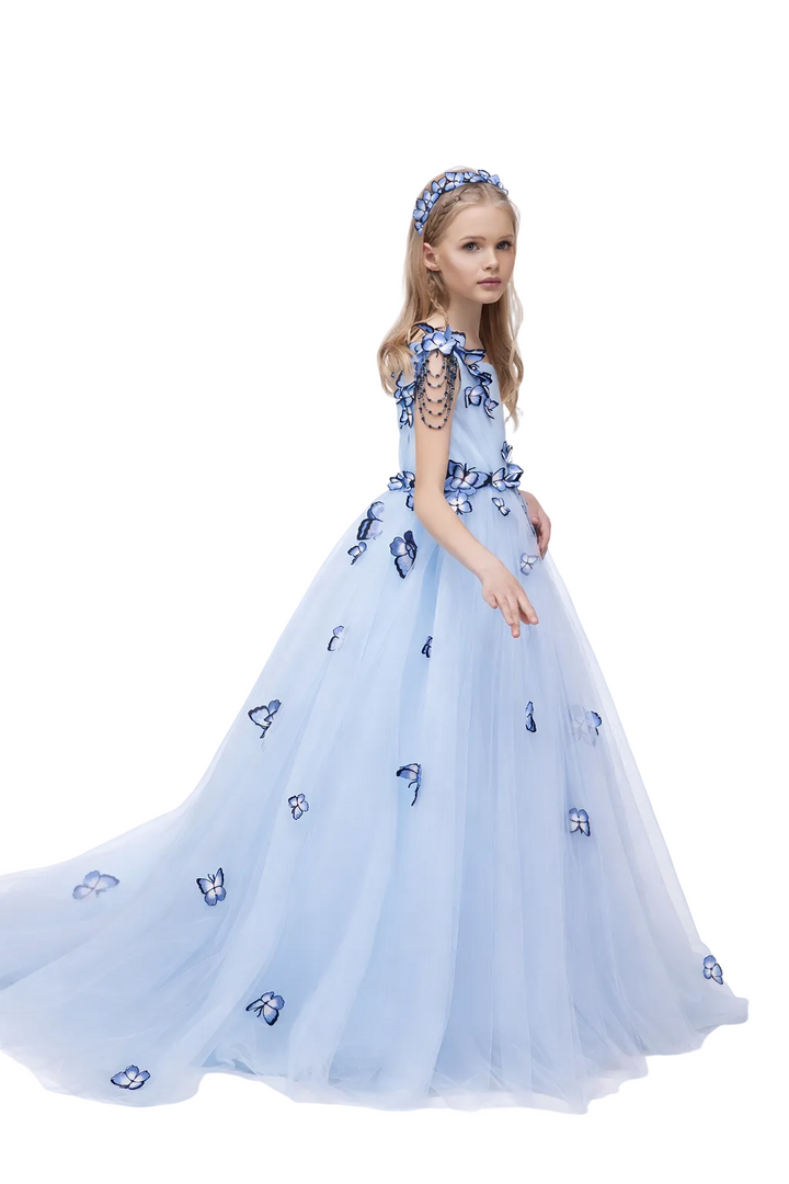 Butterfly Appliqué Tulle Ball Gown with Beaded Shoulders – CELESTE